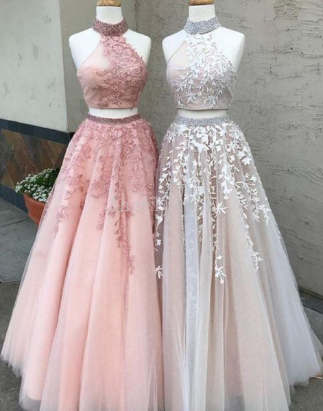 New Elegant Lace Quinceanera Dresses Two Pieces Halter Neck Sleeveless Appliqued Floor Length Special Occasion Evening Prom Gown Custom