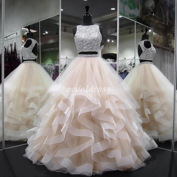 Two Pieces Ball Gown Quinceanera Dresses Hollow Back Bateau Major Beading Tiered Prom Party Gowns For Sweet 15 Vestidos De 15 Anos 