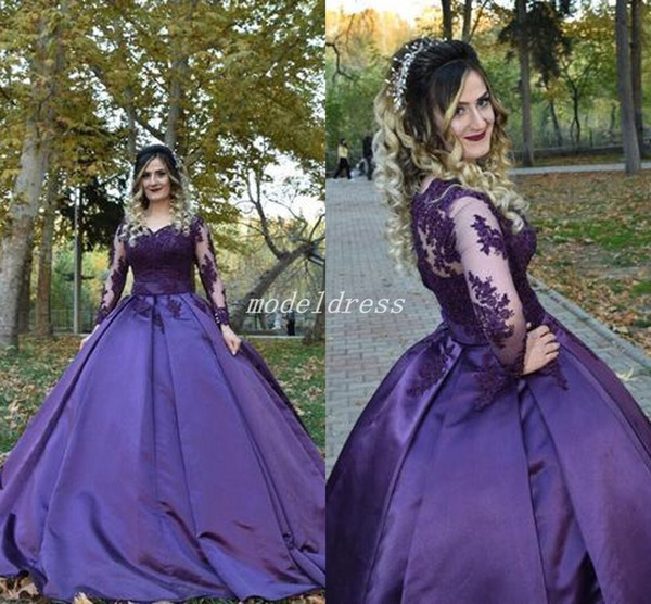 Arabic Purple Ball Gown Quinceanera Dresses Long Sleeve Sweep Train Appliques Prom Party Gowns For Sweet 15 vestidos de 15 anos