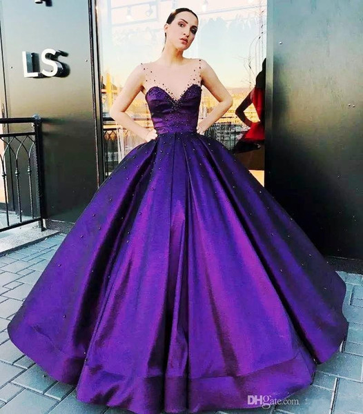 Purple Ball Gown Quinceanera Dresses Sheer Jewel Neck Beading Crystal Illusion Bodice Floor Length Prom Party Gowns For Sweet 16 Girls