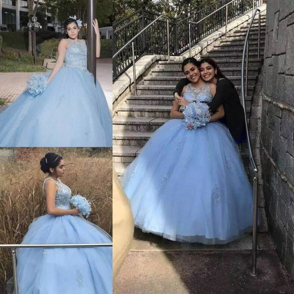 Light Sky Blue Ball Gown Quinceanera Dresses Jewel Crystal Beaded Gowns For Sweet 15 Vestidos De 15 Anos Girls Prom Party Dress