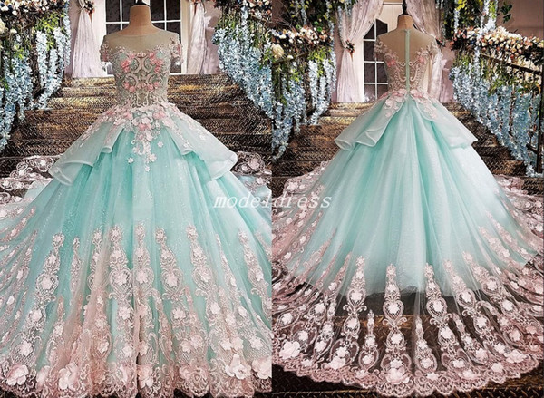 Princess Mint Green Ball Gown Quinceanera Dresses Jewel Short Sleeve Pink Appliques vestidos de 15 anos Prom Party Gowns For Sweet 15