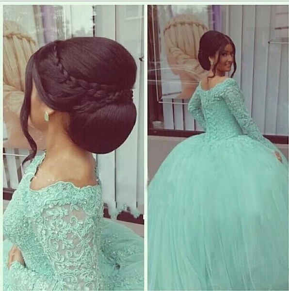 Long Sleeve Ball Gown Mint Green Quinceanera Dresses Jewel Appliques Lace And Tulle Sweet 16 Girls Prom Party Gowns Cheap Customized