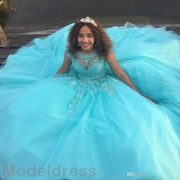 Ball Gown Quinceanera Dresses Jewel Appliques Beaded Blue Tulle Sweet 16 Long Prom Dresses Custom Made Evening Gowns Formal Wear