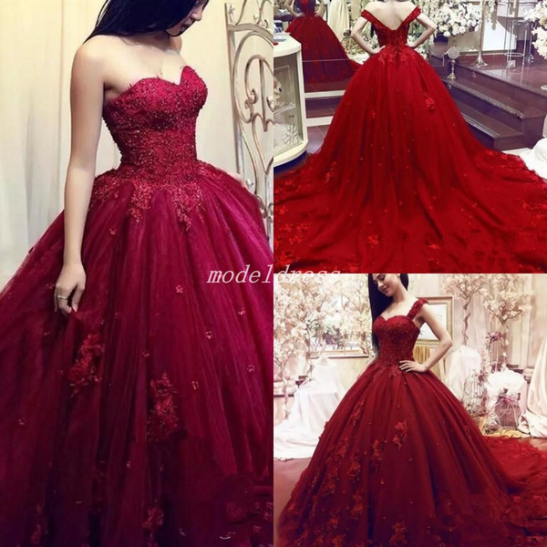 Dark Red Ball Gown Quinceanera Dresses With Detachable Straps Sweep Train Appliques Prom Party Gowns For Sweet 15 vestidos de 15 anos