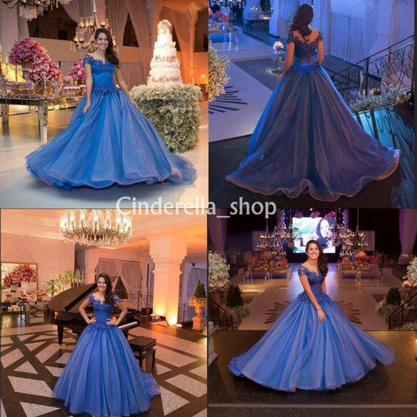 Blue Ball Gown Quinceanera Dresses Sheer Neck Appliques Beads Gowns For Sweet 15 Vestidos De 15 Anos Girls Prom Party Dress Customized