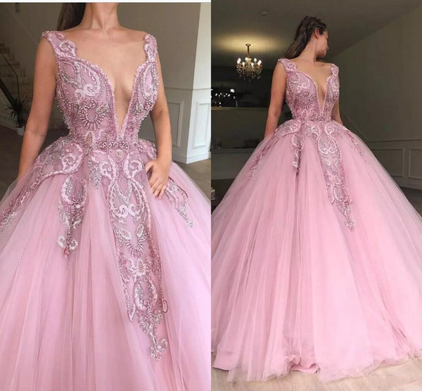 Princess Blush Ball Gown Quinceanera Dresses Sheer Neck Sweep Train Appliques Beads Prom Party Gowns For Sweet 15 vestidos de 15 anos