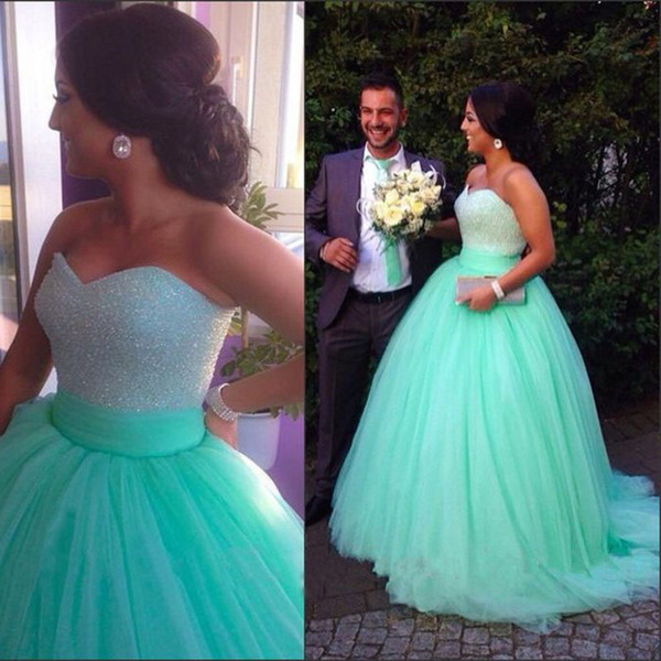 New Ball Gown Mint Green Quinceanera Dresses Sweetheart Major Beading Sweep Train Tulle Prom Party Gowns For Sweet 15 Cheap Custom