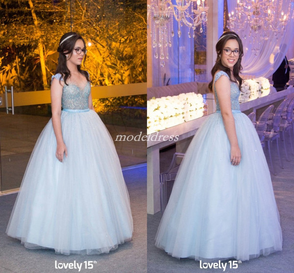 Light Sky Blue Ball Gown Quinceanera Dresses Cap Sleeve Backless Floor Length Crystal Beads Prom Party Gowns For Sweet 15 Customized