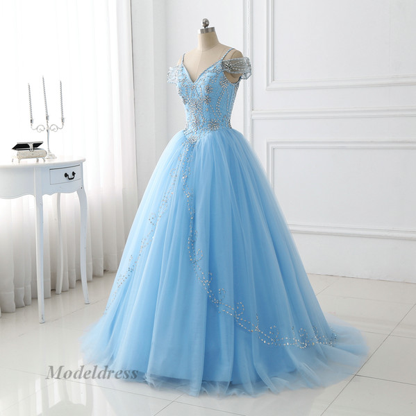 Light Sky Blue Quinceanera Dresses Ball Gown Beaded Crystal Spaghetti Straps Luxury Princess Prom Party Dresses For Sweet 16 Girls