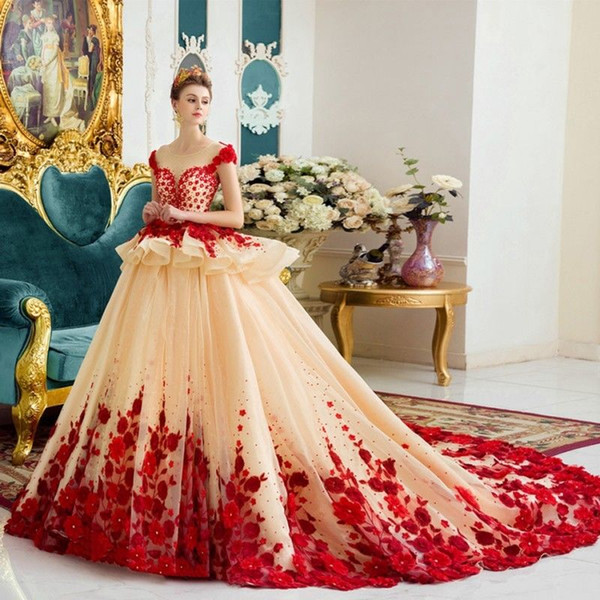 2018 Luxury Ball Gown Quinceanera Dresses Sheer Neck Long Train 3D Flowers Prom Party Gowns For Sweet 15 Vestidos De 15 Anos