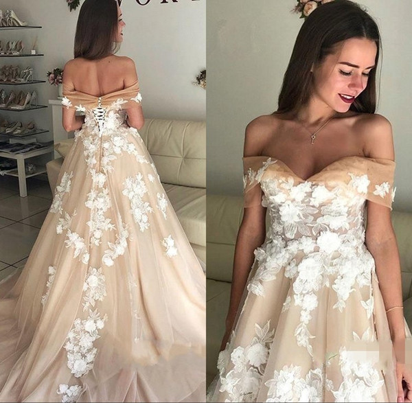 Champagne Off Shoulder Quinceanera Dresses 3D Floral Appliques Lace-up Back Girls Evening Party Dresses BC1061