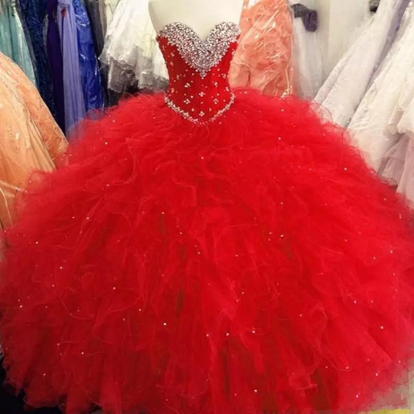 Sweetheart Neck Puffy Ruffles Quinceanera Dresses Sequins Beads Red Evening Party Dresses Sleeveless Special Occasion Dresses