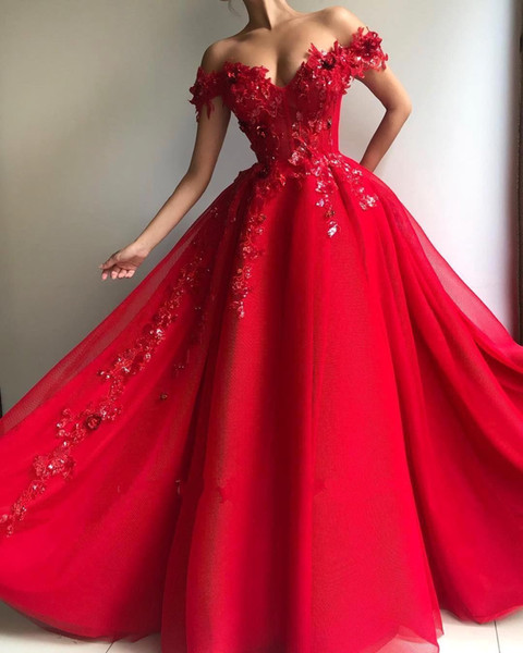 Bright Red Off Shoulder Quinceanera Dresses 3D Floral Appliques Elegant Tulle Girls Evening Party Dresses Formal Wear BC1458