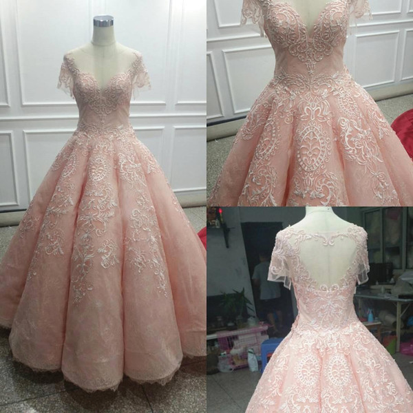 Baby Pink Ball Gown Quinceanera Dresses Lace Appliques Sheer Jewel Neck Short Sleeve Girls Formal Party Gown Evening Dress BC1621