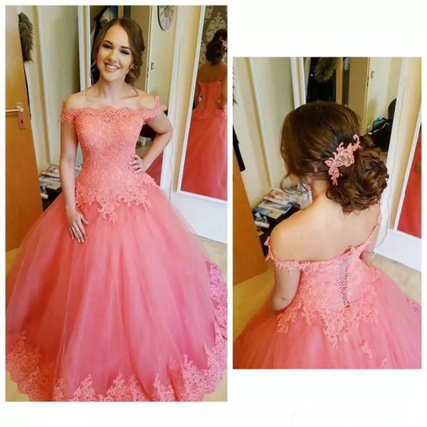 Pink Off Shoulder Ball Gown Quinceanera Dresses Lace Appliques Puffy Tulle Evening Party Dress Lace-up Back Girls Special Occasion Dress