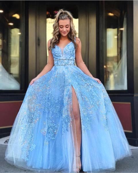 Sky Blue Floral Appliques Quinceanera Dresses Deep V Neck Front Split Girls Evening Party Dresses Formal Wear BC1474