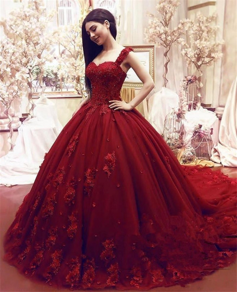 Dark Red Off Shoulder Ball Gown Quinceanera Dresses Floral Appliques Beaded Evening Party Dresses Formal Wear