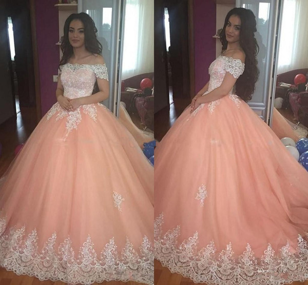 Peachpuff Off Shoulder Girls Ball Gown Quinceanera Dresses Lace Appliques Evening Party Dress Bridal Gown 