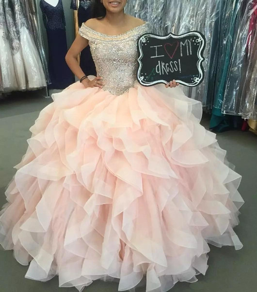 Pretty Pink Puffy Ruffles Girls Quinceanera Dresses Off Shoulder Beaded Appliques Girls Party Gown Evening Prom Dress