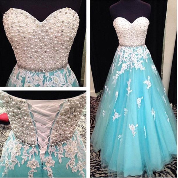 Sky Blue Lace-up Back Beaded Quinceanera Dresses Sweetheart Neck Pearls Appliques A Line Prom Party Gown Evening Dress BC11090