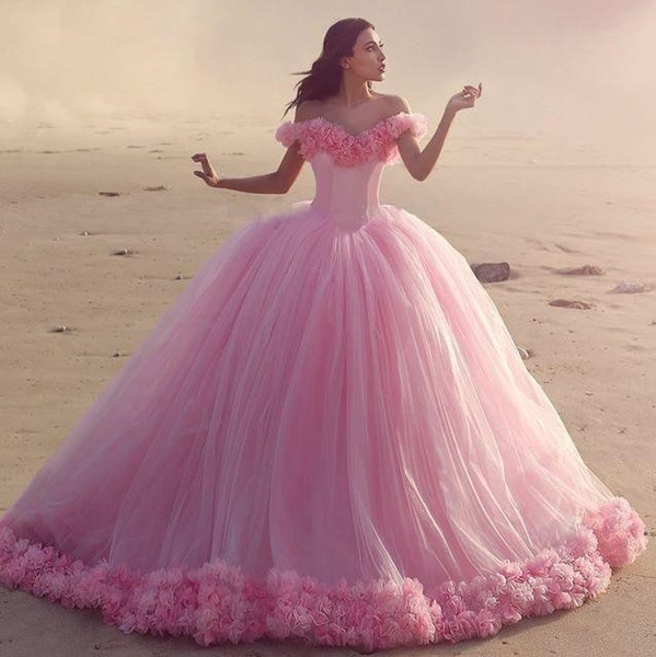 Pink Off Shoulder Puffy Ball Gown Quinceanera Dresses Floral Ruffles Evening Party Dresses Formal Wear