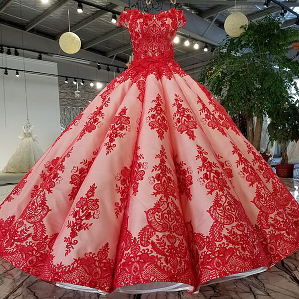 2022New Design Real Pictures Show Off Shoulder Short Sleeve Red Lace Detachable Separate Tail Long Train Ball Gown Quinceanera Dresses