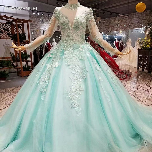 2022Sweet Light Color Quinceanera Dresses Long Sleeves High Neck Simple A-line Brush Train Beauty Autumn Ball Gown Prom Dresses Long Sleeve