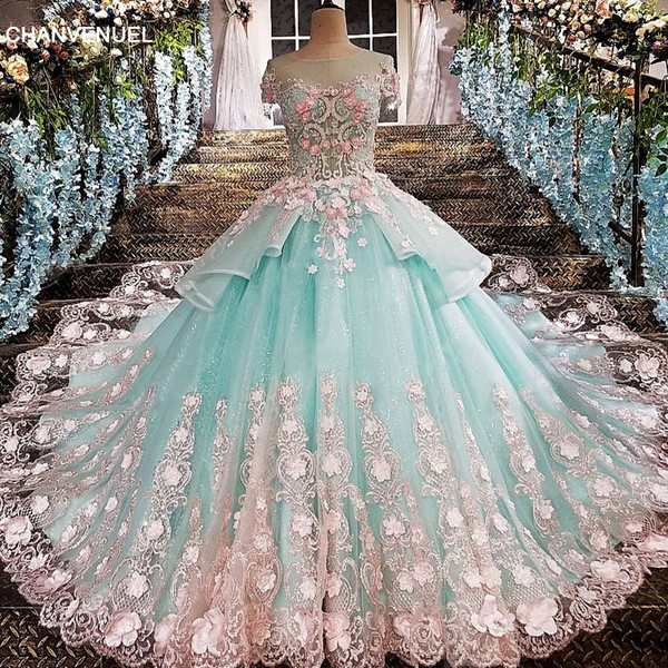 2022Quinceanera Dresses Sexy See Through Back Flowers Green Appliques Pink Lace And 3D Flowers O-Neck Organza Sweet 16 Dresses Prom Dresses