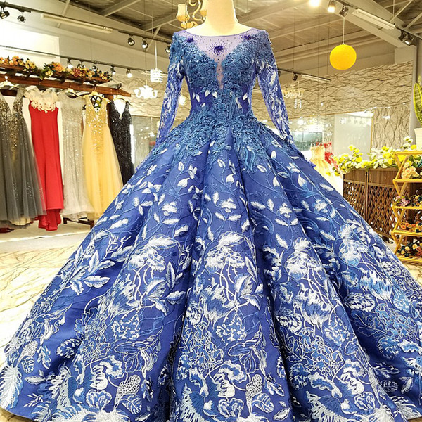 LS24788 Royal Blue Formal Quinceanera Dresses Floor Length Puffy O-Neck Long Tulle Sleeves Pleated Ball Gown Evening Party Dresses Women