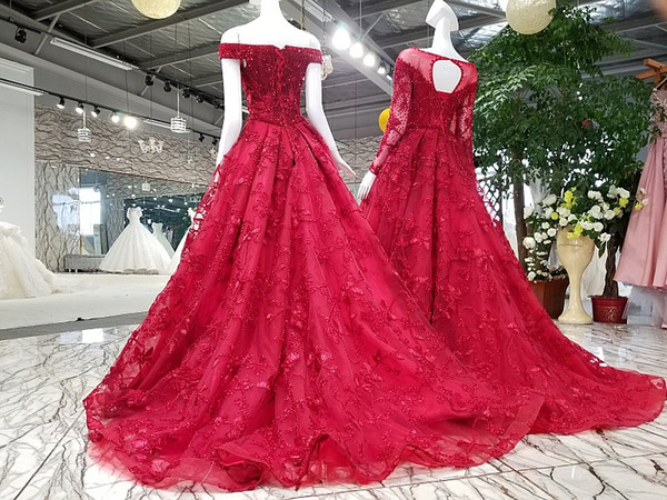 Elegant Red Long Sleeves Off Shoulder Boat Neck Two Designs Lace Up Back Lace Long Tulle Quinceanera Dresses Sweet 16 Dresses