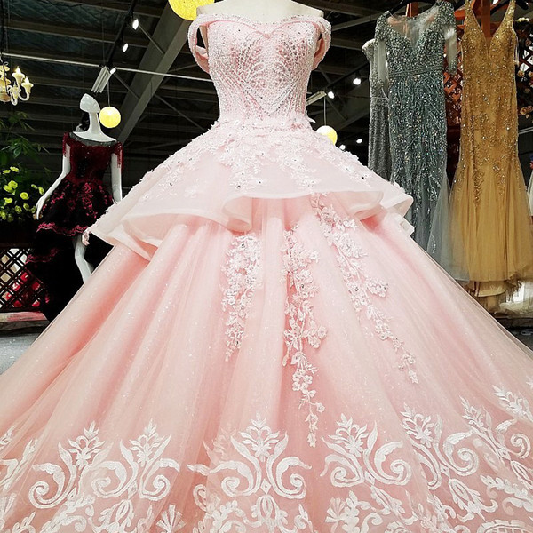 2022Sweet Pink Court Train Ball Gown Quinceanera Dresses Off-Shoulder Sweetheart Collar Organza Tiered Skirts Appliques Quinceanera Gowns