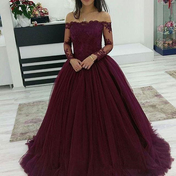 Burgundy quinceanera dresses ball gown lace off the shoulder evening dresses girl sweet 16 party wear