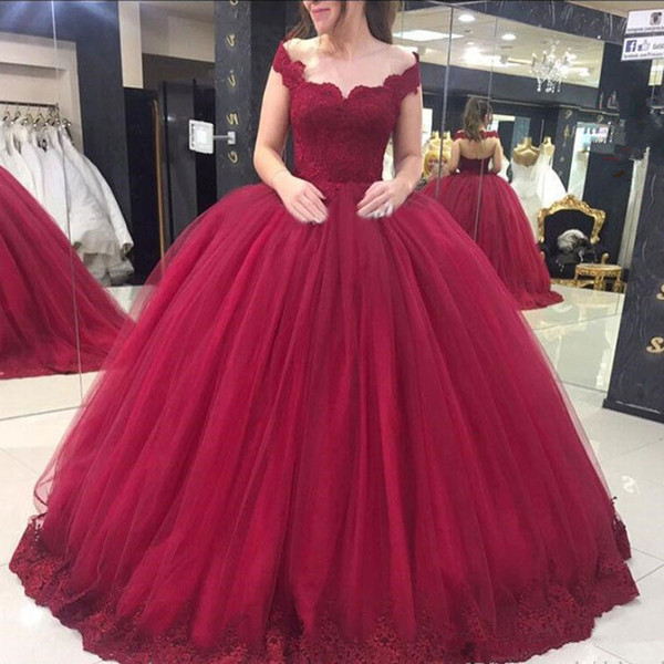 new Burgundy quinceanera dresses ball gown off the shoulder evening dresses lace appliques graduation dresses