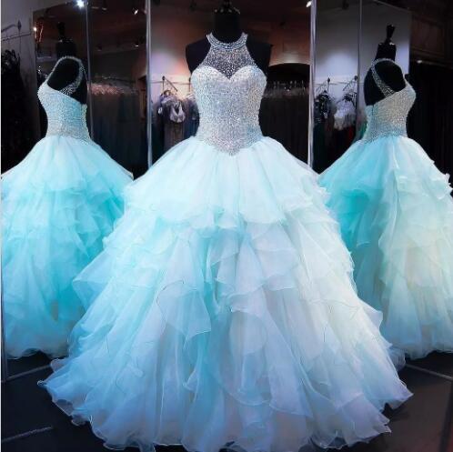 Light Sky Blue Organza Quinceanera Dresses Keyhole Neck Sleeveless Sequins Beading Tiered Skirts Sexy Open Back Corset Back Sweet 16