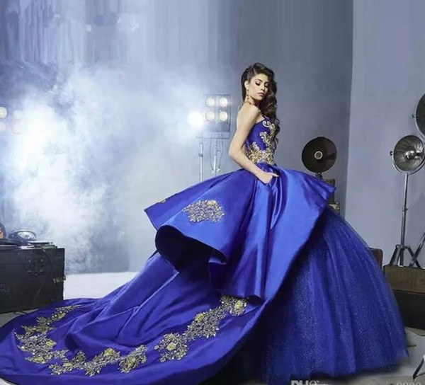 Luxury Gold Embroidery Quinceanera Dresses Peplum Masquerade Ball Gown Royal Blue Sweet 16 Girls prom ball gowns