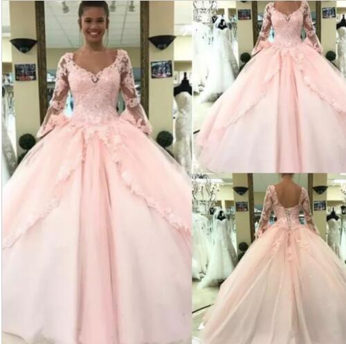 Pink Quinceanera Dresses Ball Gown V Neck Applique Sheer Long Sleeve 16 Girls Prom Dresses Vestido De 15 Anos