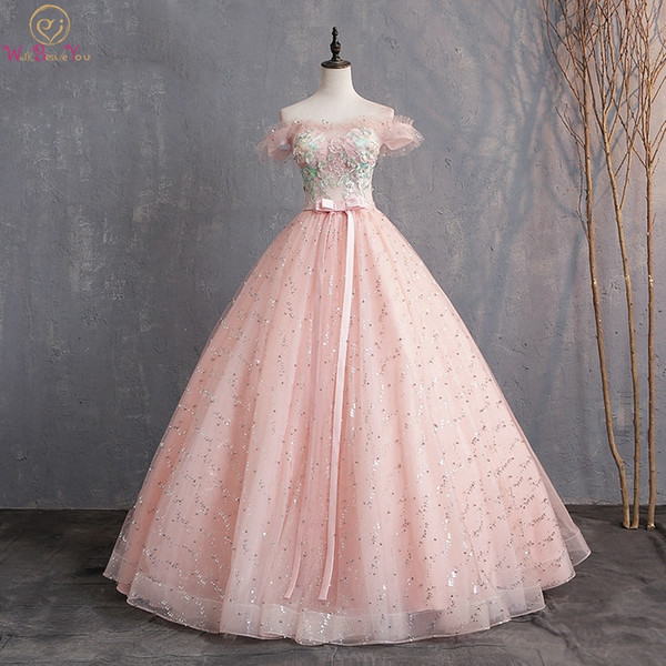 Pink Ball Gown Quinceanera Dresses Lace-up Off Shoulder Strapless Floor Length Beading Appliques Flowers Bow Sequined Tulle Gown