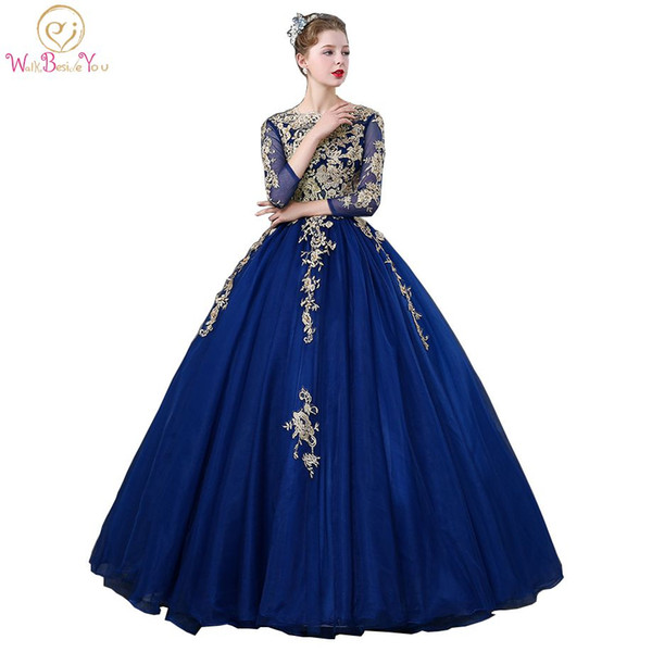 Walk Beside You Royal Blue Quinceanera Dresses Three Quarter Sleeves Lace Applique Beaded Ball Gown Vestidos Debutante Robe