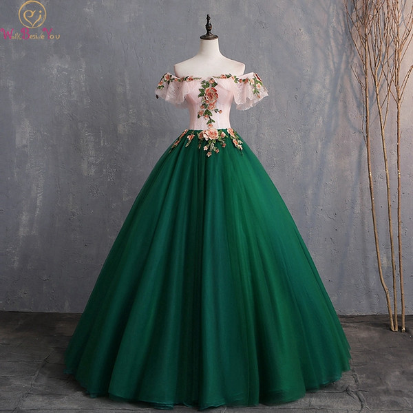 Dark Green Quinceanera Dresses Off Shoulder Sweetheart Neck Ball Gown Ceremony Graduation Tulle Appliques Floor Length Prom Gown