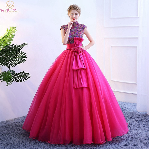 Fuchsia Quinceanera Dresses High Neck Appliques Flowers Beading Sequined Pleat Lace-up Tulle Elegant Graduation Ball Gown