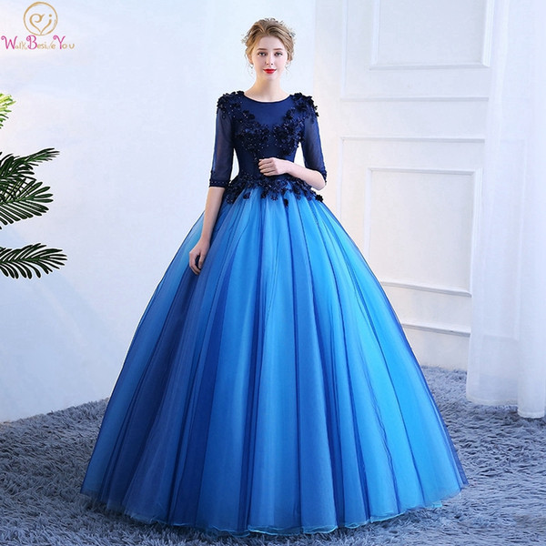 Royal Blue Quinceanera Dresses Half Sleeves Scoop Neck Floor Length Appliques Lace--up Illusion Top Ball Beading 3D Flowers