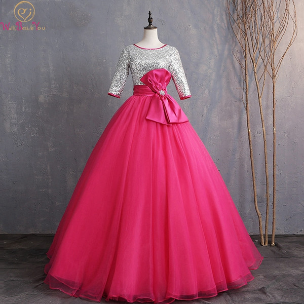 Sequined Quinceanera Dresses Tulle Simple Crystals Bow Waist 3/4 Sleeve Ball Gown Lace-up Scoop Neck Fuchsia For Graduation