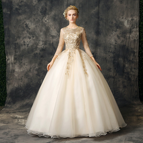 Walk Beside You Gold Quinceanera Dresses vestidos de 15 anos debutante Ball Gowns With Lace Appliques 3/4 Long Sleeves Beaded