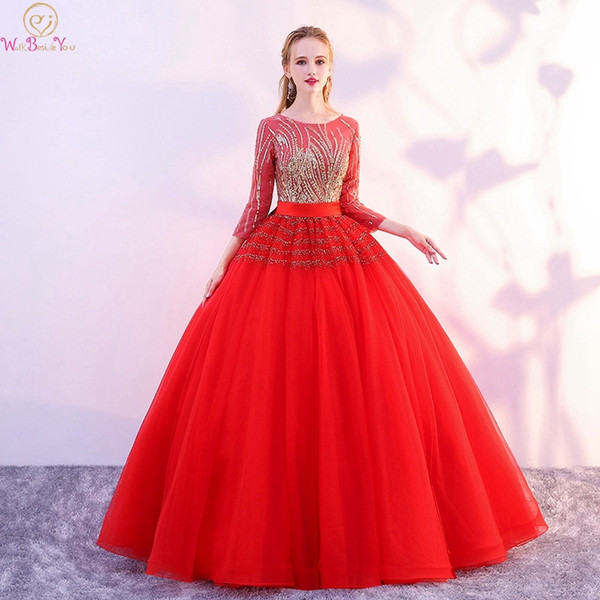 Red Quinceanera Dresses Simple Sequined Tulle Ball Gown Graduation Scoop Neck 3/4 Sleeves Floor Length Bow Ceremony Dresses