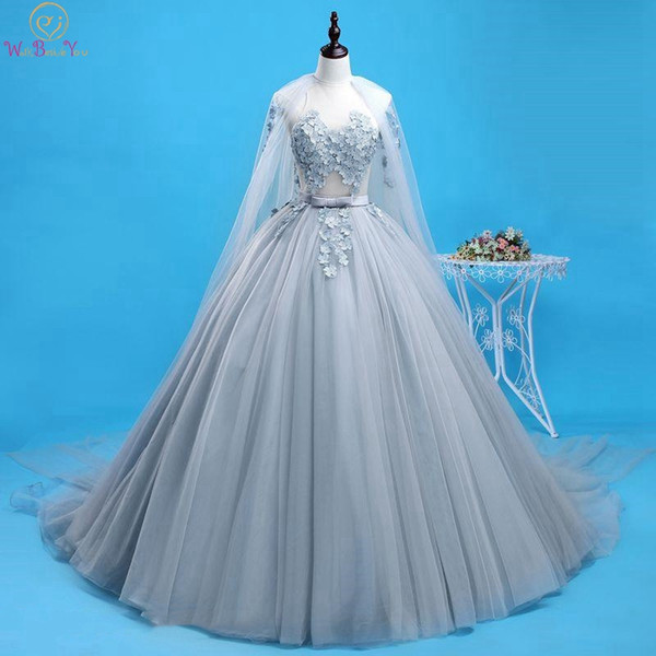 Quinceanera Dress With Wraps Sweep Train Gray Appliques Beading Sleeveless Jewel Neck Lace-up Ball Gown For Graduation Gown