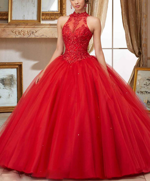 ZYLLGF Red Beaded Quinceanera Dresses Sheer High Neck Sweet 16 Masquerad Lace Appliqued Ball Gowns Tulle Debutante Ragazza Dress