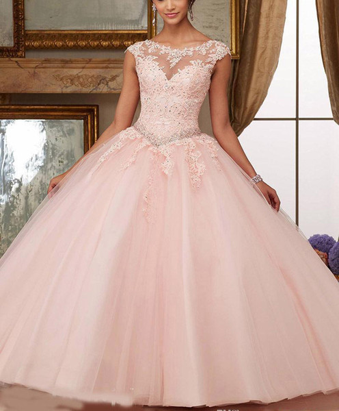 ZYLLGF Gorgeous Quinceanera Dresses Blush Pink Bateau Neck Cap Sleeve Appliques Lace Sequins Beaded Ball Gown Sweet 16 Dresses