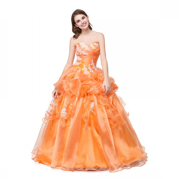 Stock Cheap Quinceanera Dress Ball Gown Sweetheart 2017 White Lace Quinceanera Gowns Ruffle Organza Floor Length Orange Girl Dress