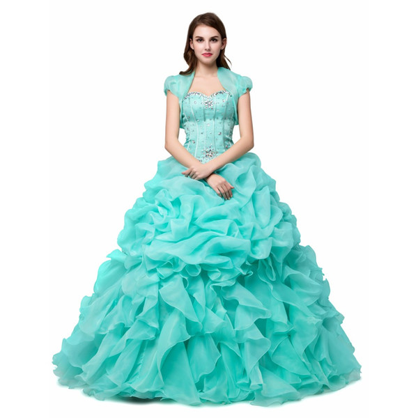 Beautiful Ball Gown Sweetheart Sequined Beads Quinceanera Dress for Girls Sweet 16 Ruffled Organza Turquoise Party Gown Short Sleeves Jacket